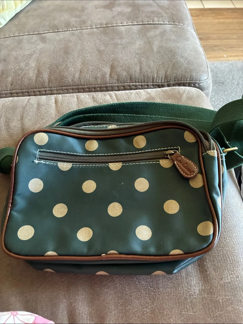 Cath Kidston Green Polka Dot Messenger Bag with Brown Trim